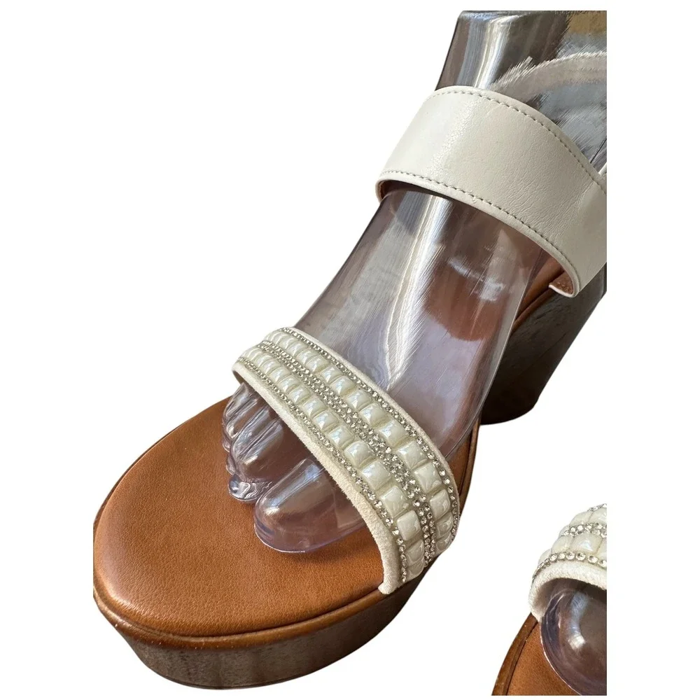 Italian Shoemakers Wedge Sandals Women 10 White Pearl Rhinestone Platform Summer